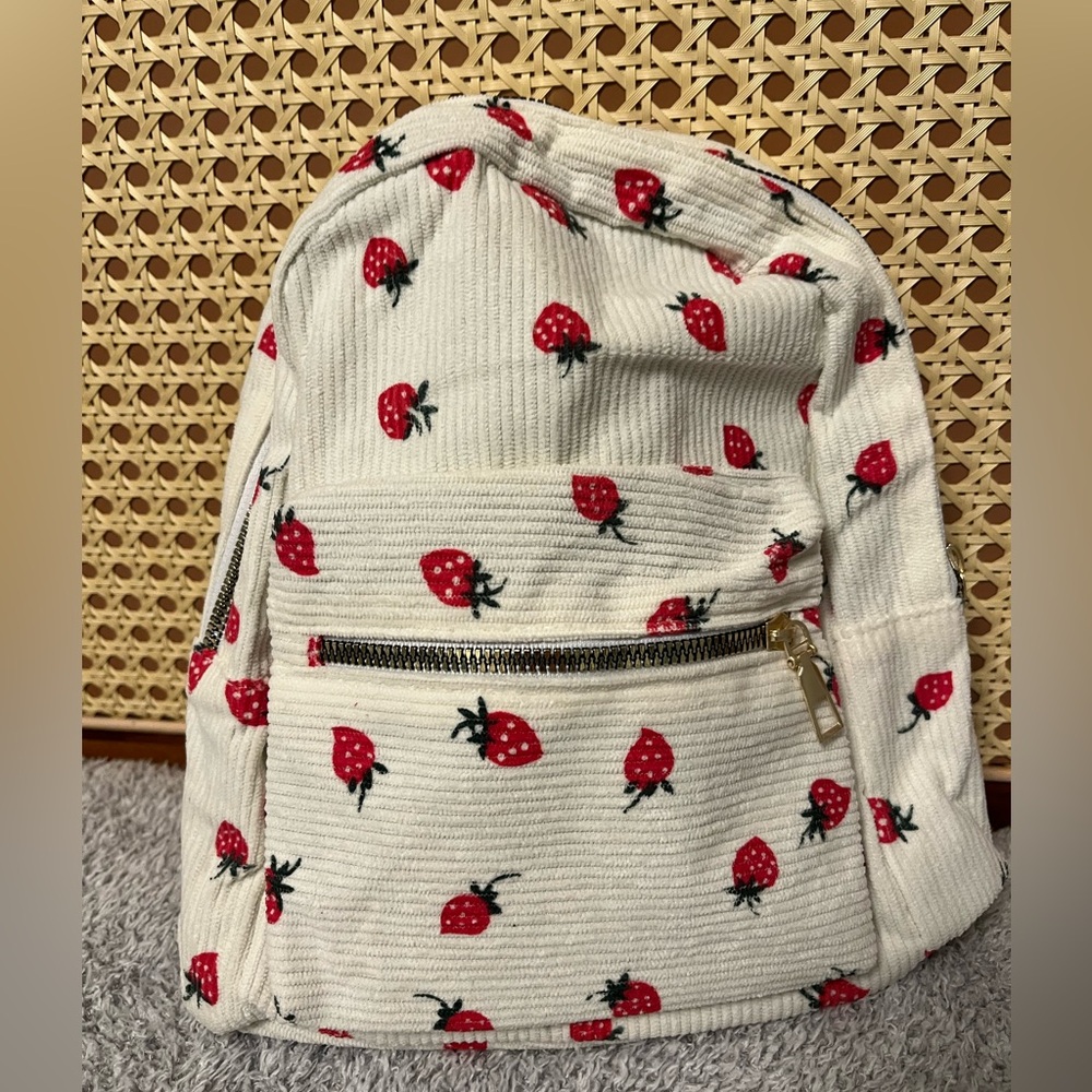 Strawberry Print Corduroy Mini Backpack